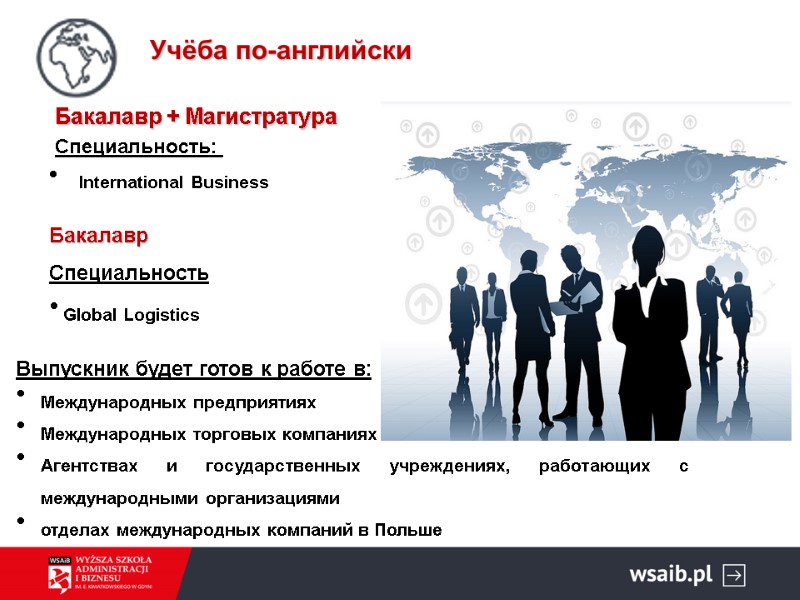Учёба по-английски International Business  Специальность:  Выпускник будет готов к работе в: Международных